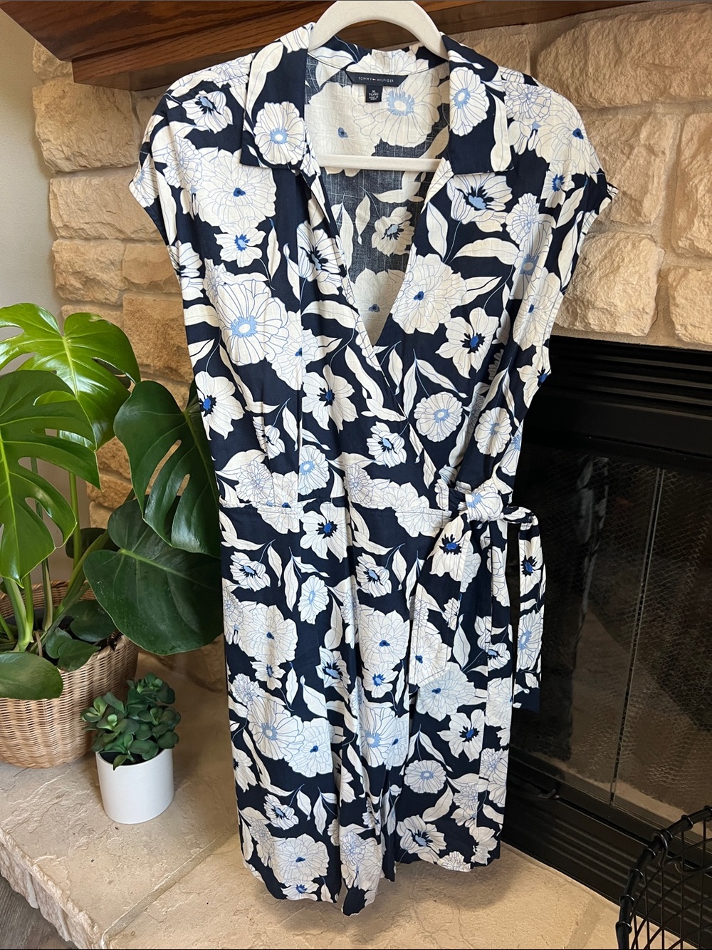 Tommy Hilfiger Navy and White Floral Wrap Midi Dress